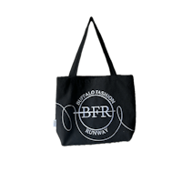 a black tote bag with the word bfr on it